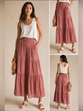 Anthropologie Dusty Rose Tiered Maxi Skirt XS Boho Prairie Cottagecore